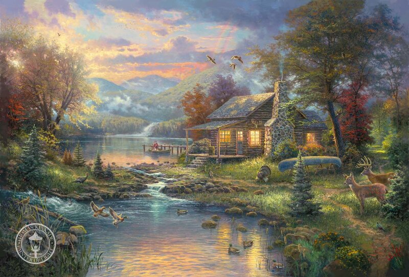 Cabin by the lake at sunset