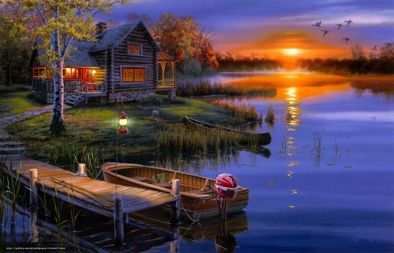 Cabin by the lake at sunset
