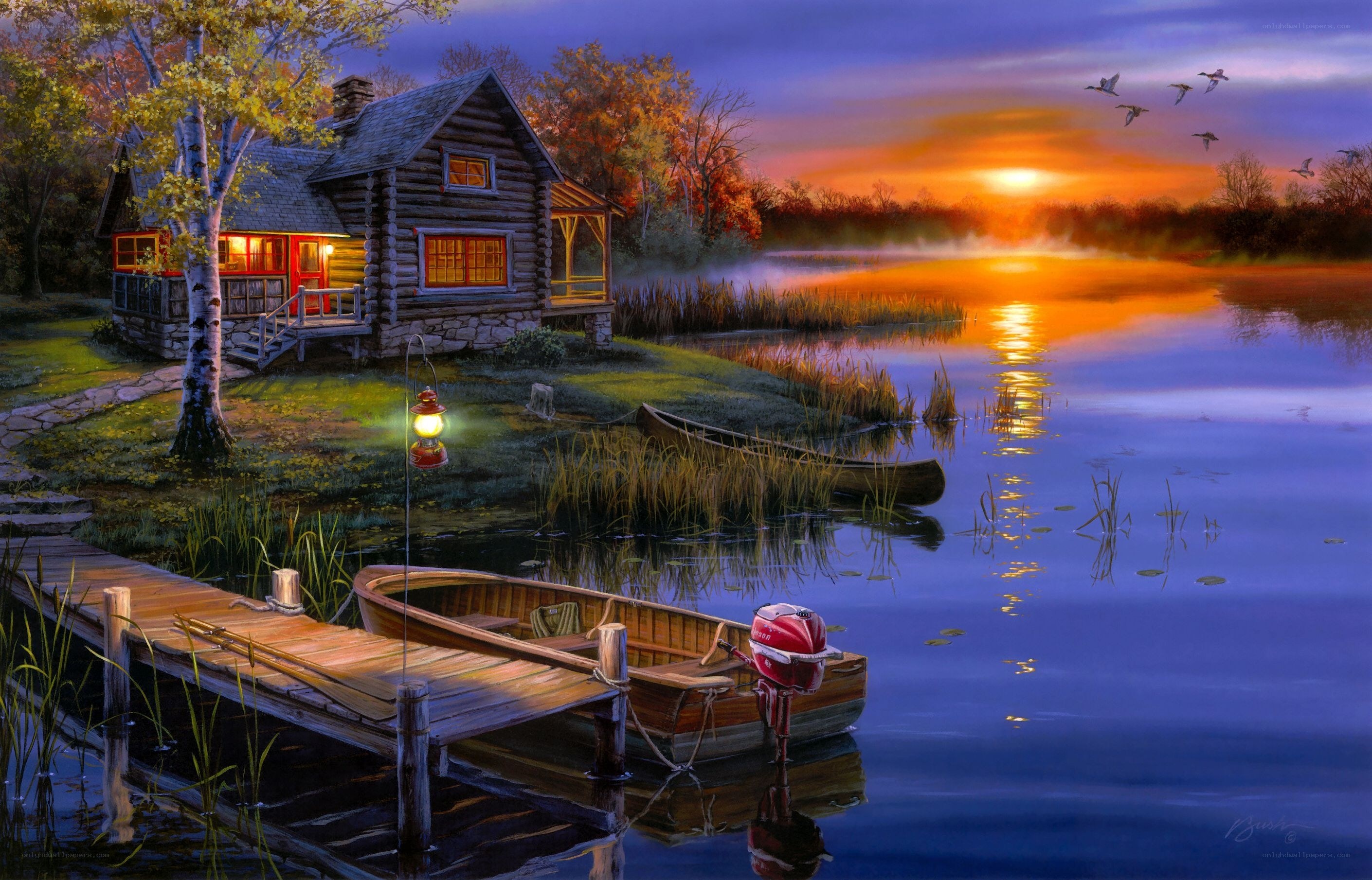 Cabin by the lake at sunset