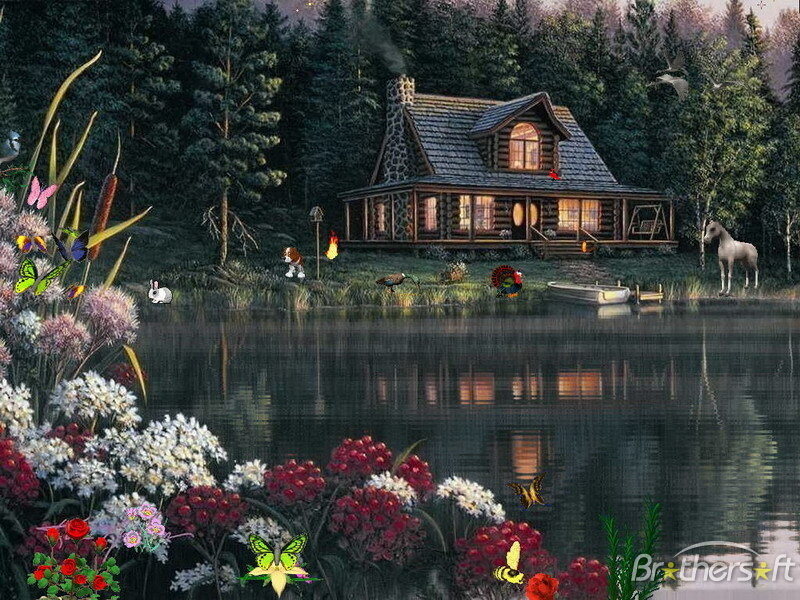 Cabin by the lake with animals