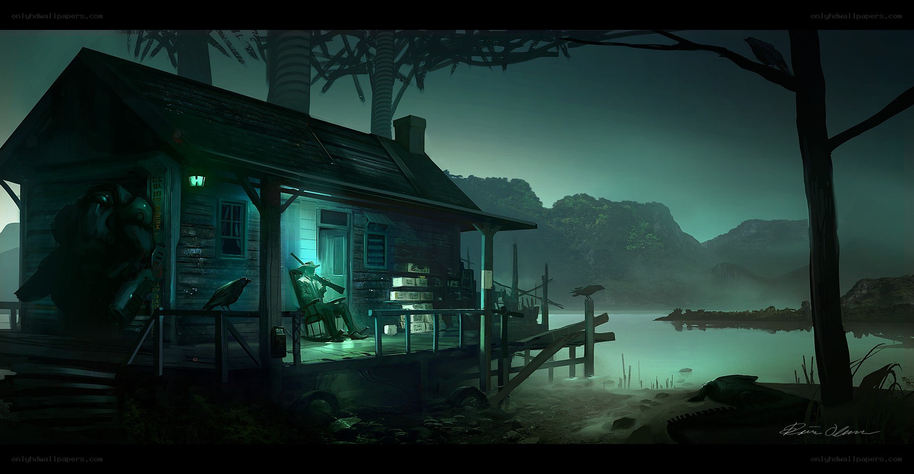 Cabin by the misty lake