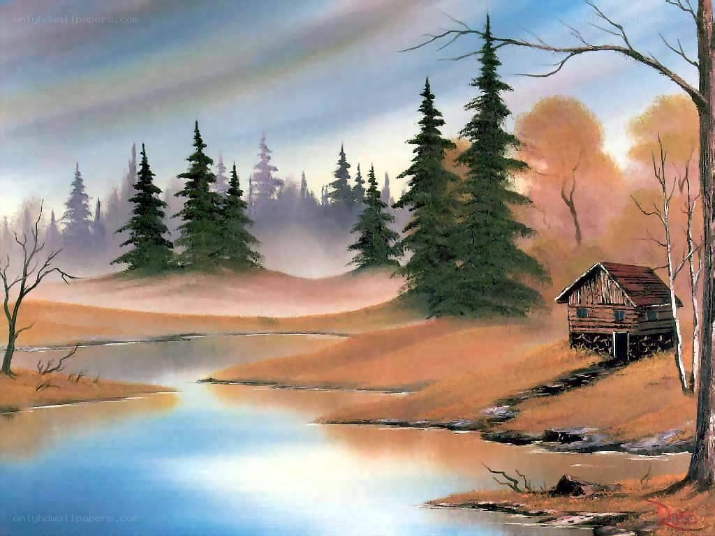 Cabin by the river at dawn