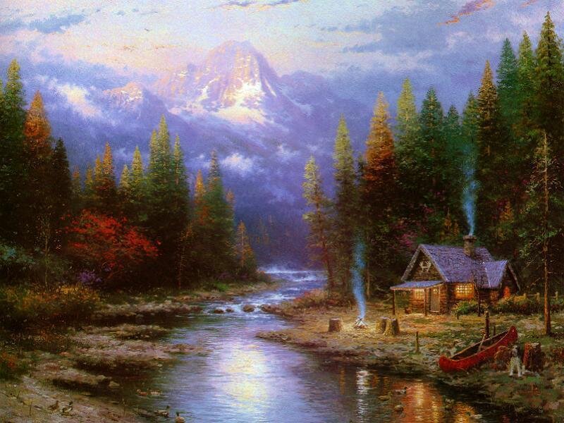 Cabin by the river at dusk