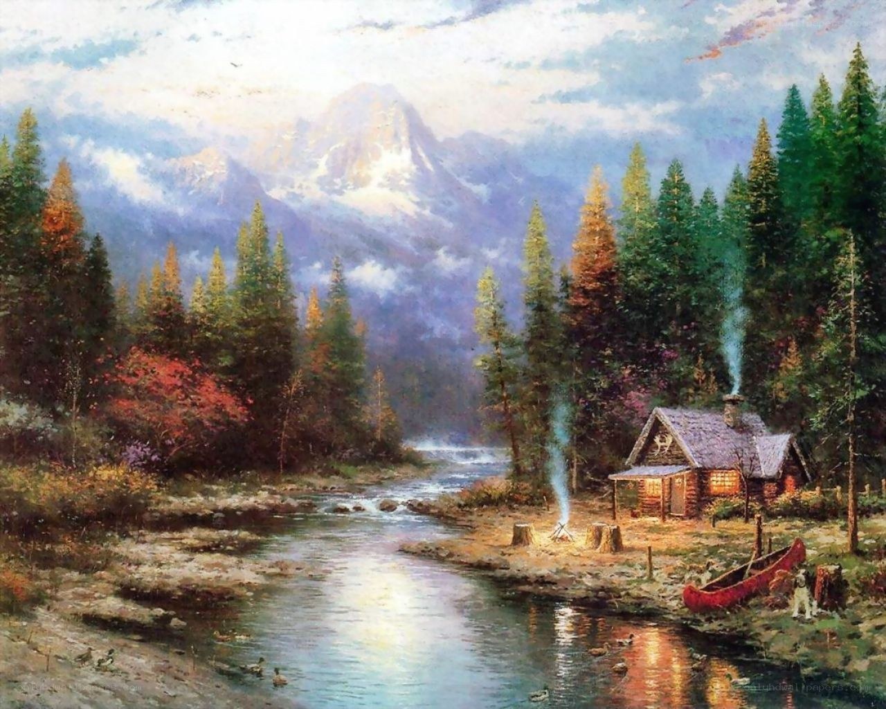 Cabin by the river at dusk