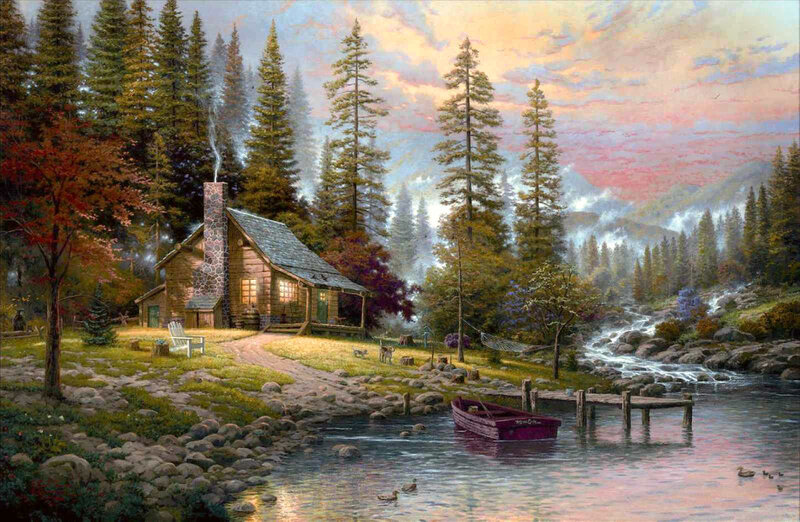 Cabin by the river at sunset