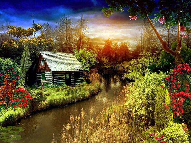 Cabin by the river at sunset