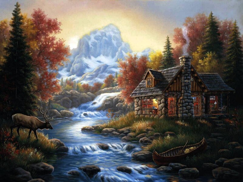 Cabin by the river in autumn