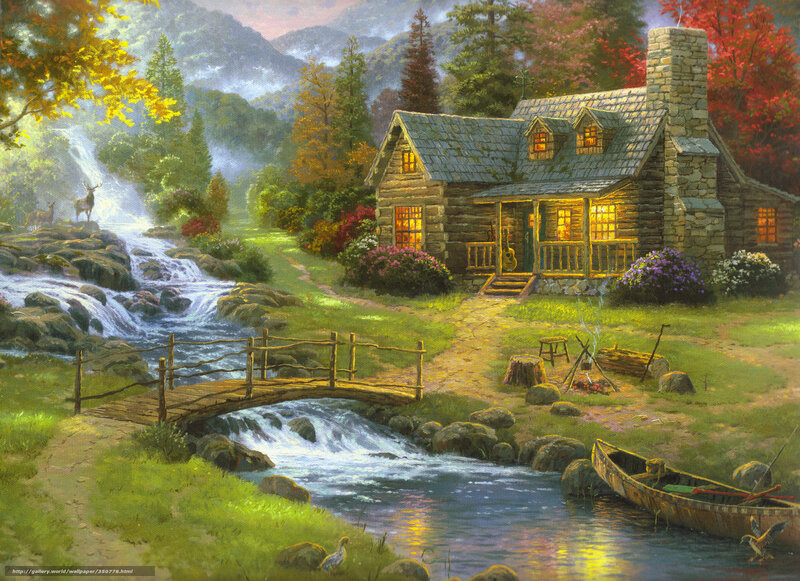 Cabin by the river in autumn