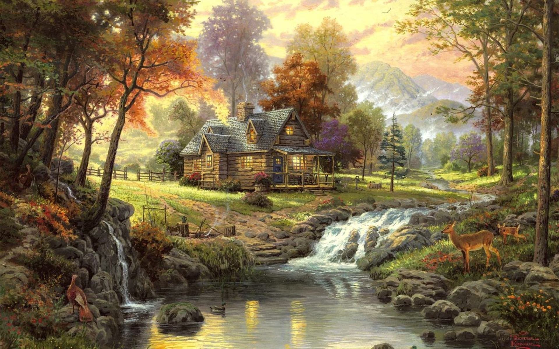 Cabin by the stream in autumn