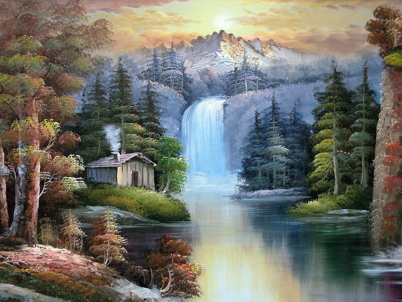 Cabin by Waterfall — Blue, Serene, Sunset, Painting, Mountain