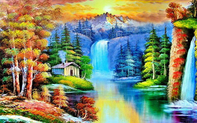 Cabin by Waterfall — Blue, Serene, Sunset, Painting