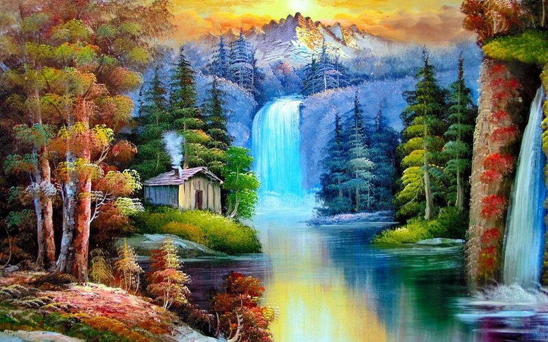 Cabin by Waterfall — Blue, Serene, Sunset