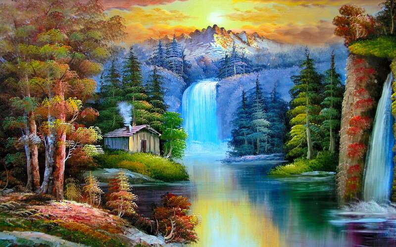 Cabin by Waterfall — Blue