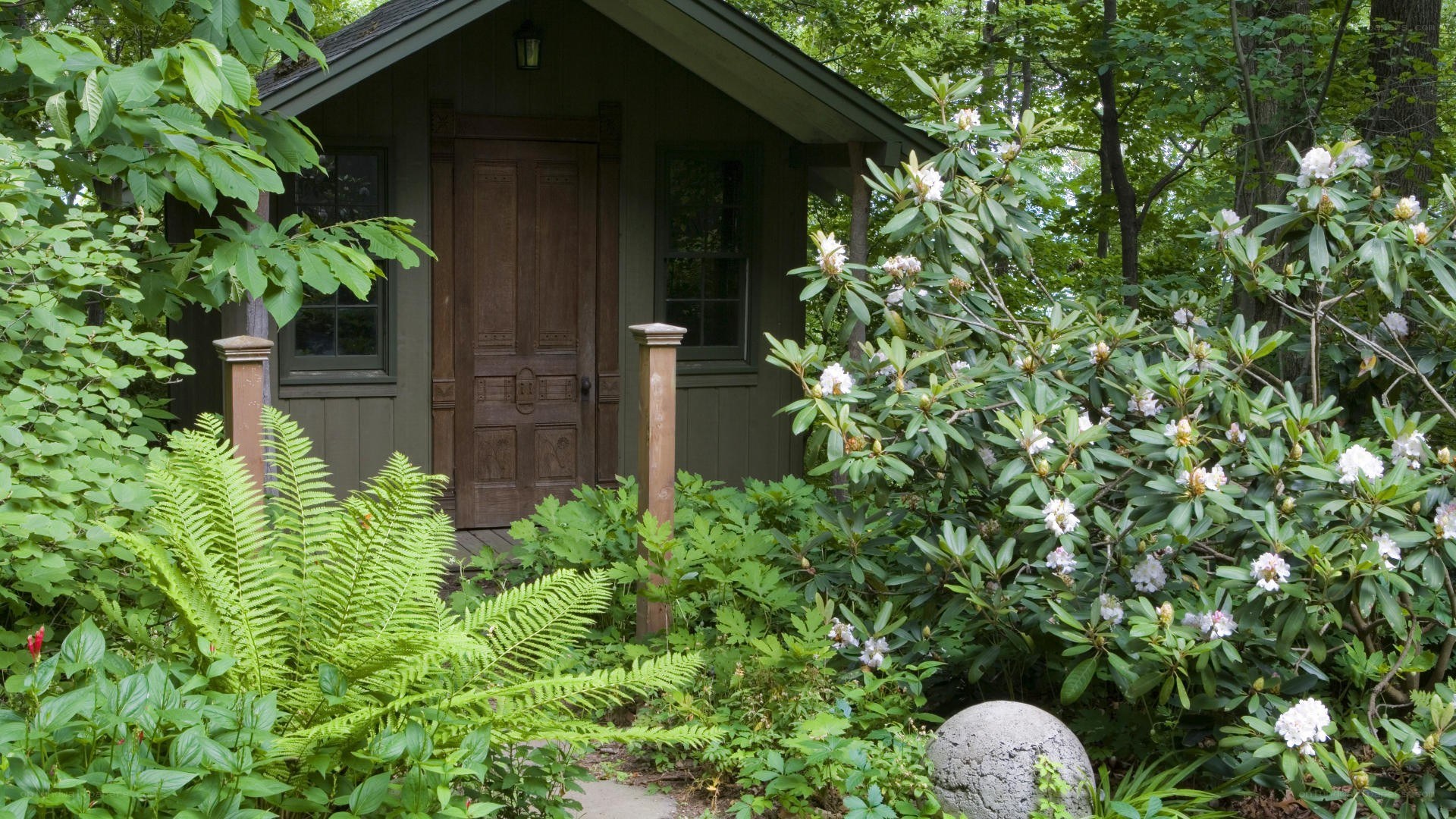 Cabin in a lush garden