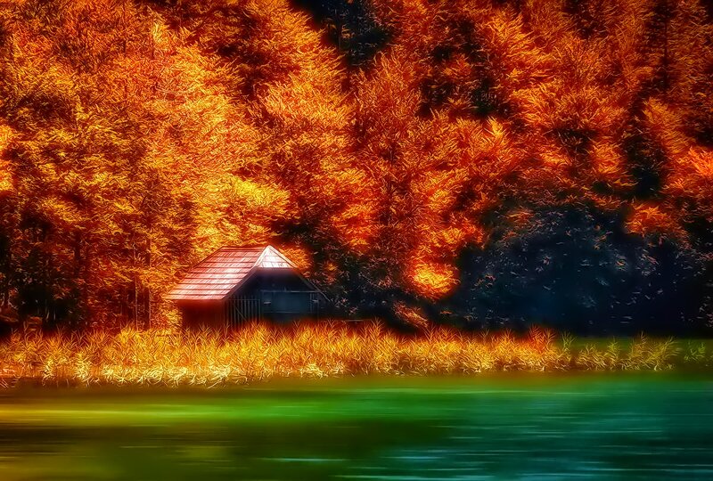 Cabin in Autumn Forest — Orange, Dramatic