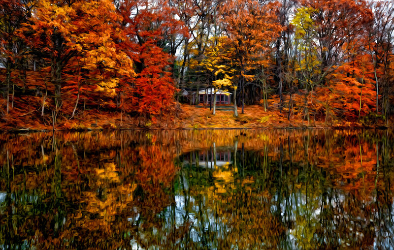 Cabin in Autumn Forest — Orange, Serene, Digital Art