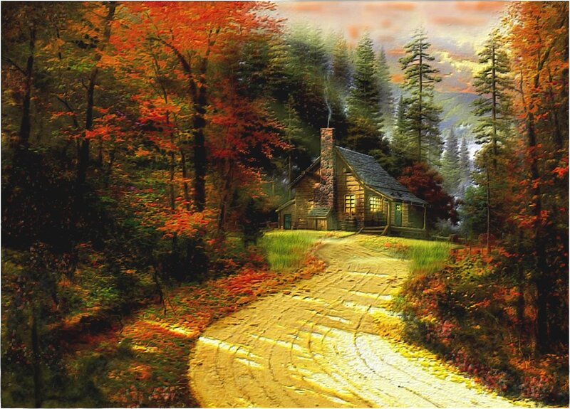 Cabin in Autumn Forest — Orange, Serene, Painting, Path