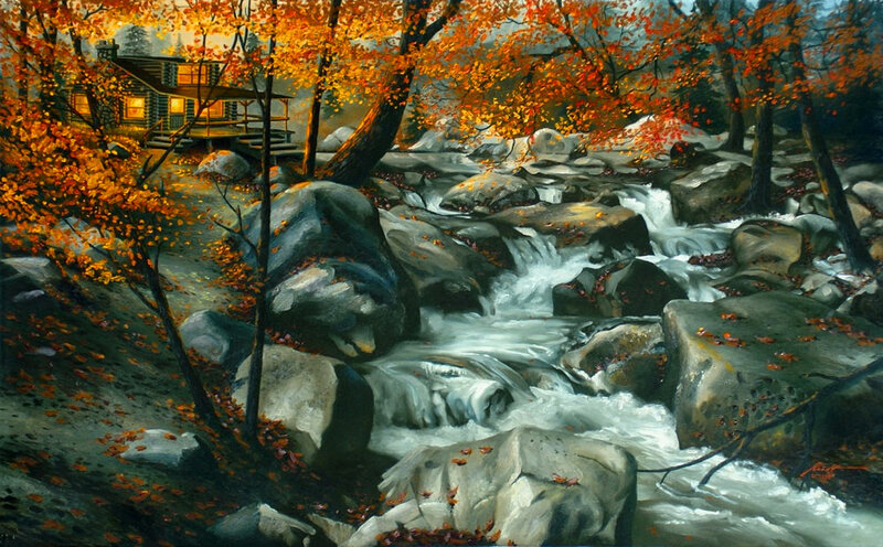 Cabin in Autumn Forest — Orange, Serene, Painting, Stream