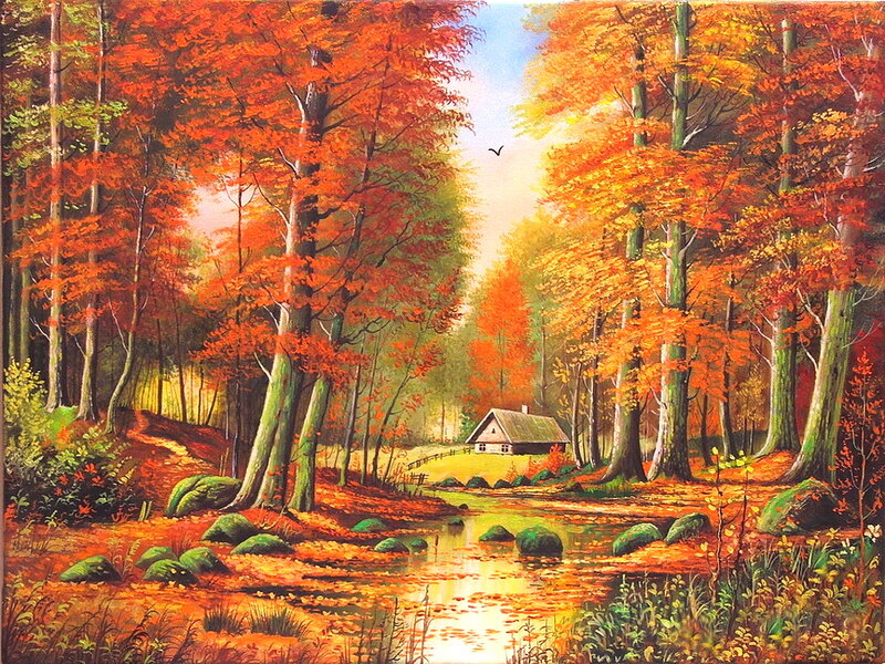 Cabin in Autumn Forest — Orange, Serene, Painting