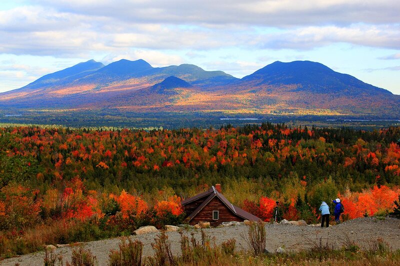 Cabin in Autumn Forest — Orange, Serene, Photograph, Mountains