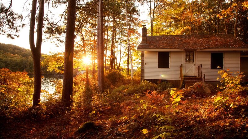 Cabin in Autumn Forest — Orange, Serene, Sunrise