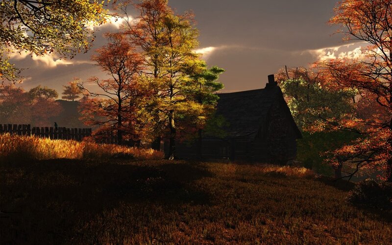 Cabin in Autumn Forest — Orange