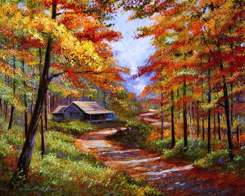 Cabin in Autumn Forest — Red