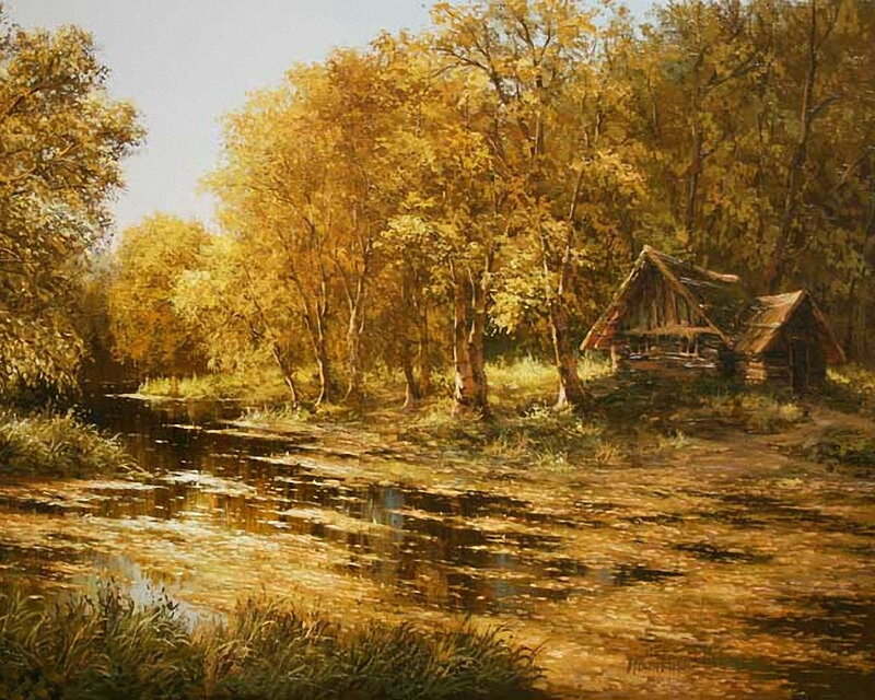 Cabin in Autumn Forest — Yellow