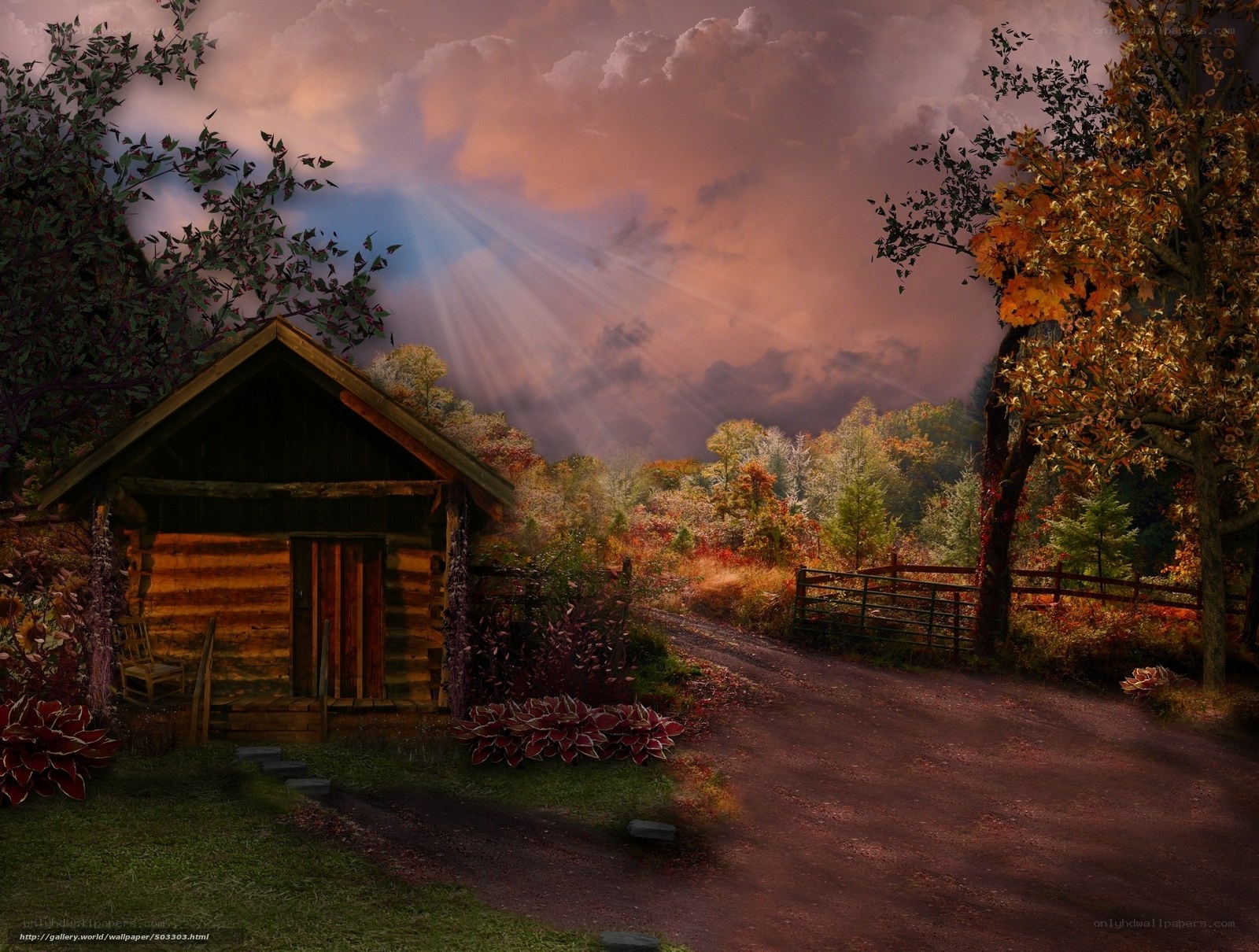 Cabin in autumn landscape
