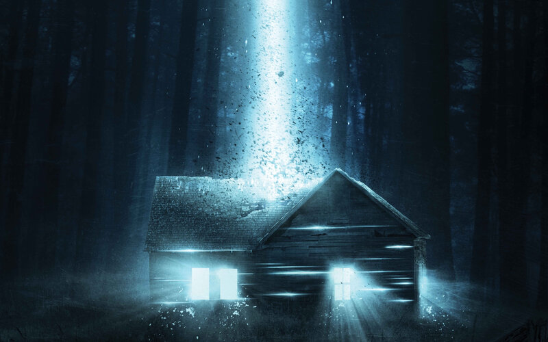 Cabin in Dark Forest — Blue, Mysterious