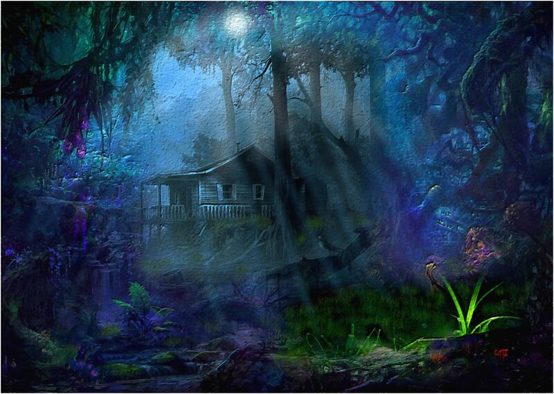 Cabin in Dark Forest — Blue