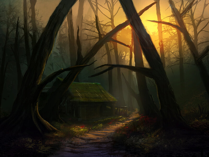 Cabin in Dark Forest — Green, Dramatic