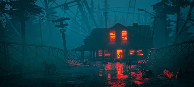 Cabin in Foggy Forest — Red