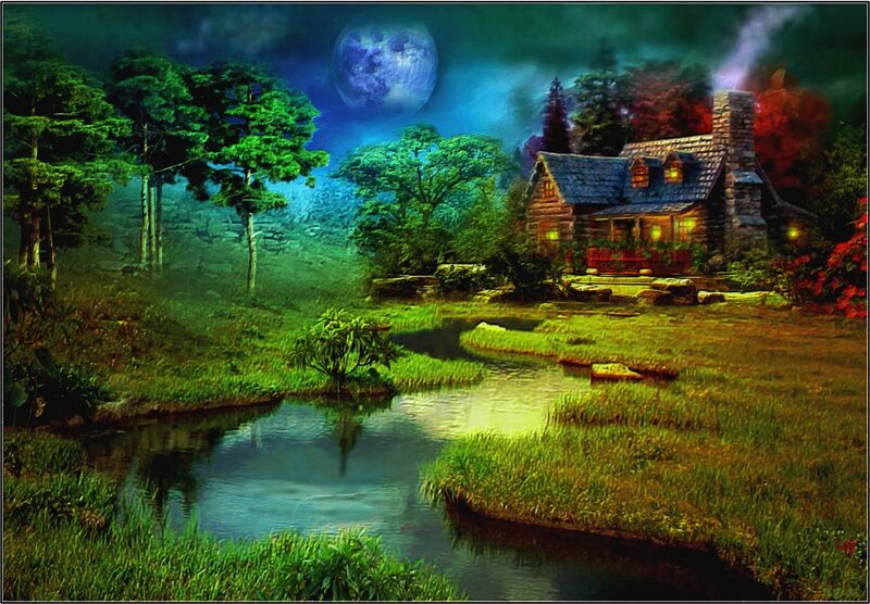 Cabin in Forest at Night — Green