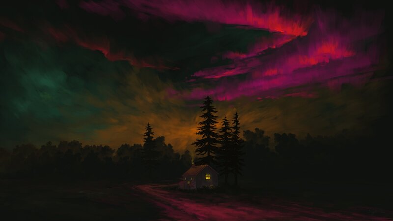 Cabin in Forest at Night — Purple