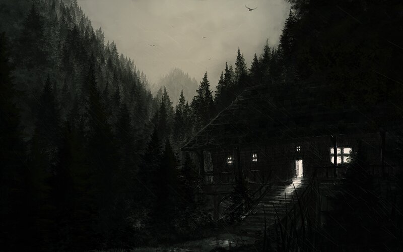 Cabin in Forest — Black, Dark, Night, Digital Art, Rain