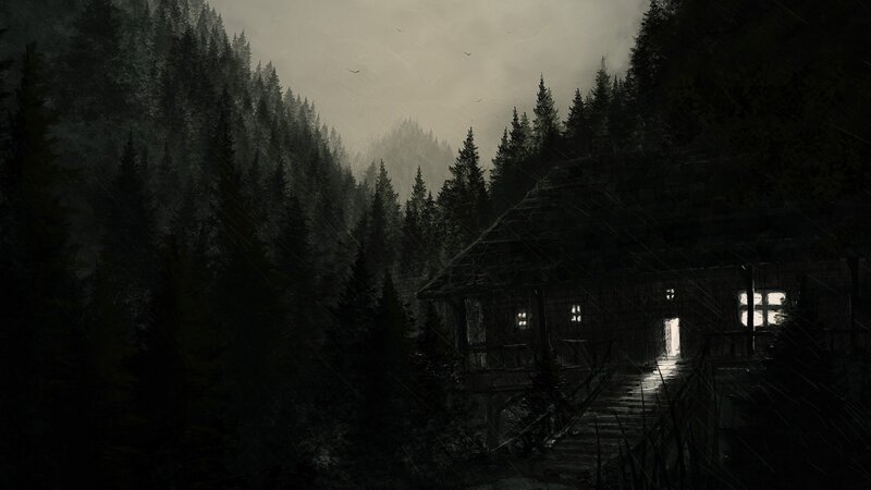 Cabin in Forest — Black, Dark, Night, Digital Art, Rain, Windows