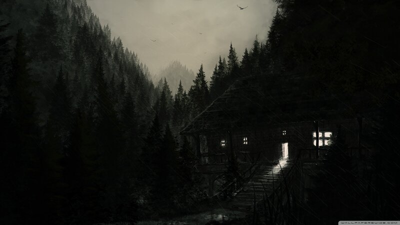 Cabin in Forest — Black, Dark, Night, Digital Art