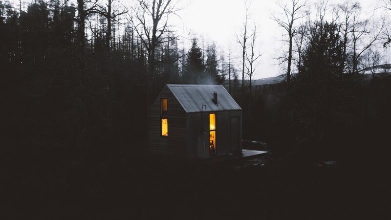 Cabin in Forest — Black, Dark, Night, Photograph