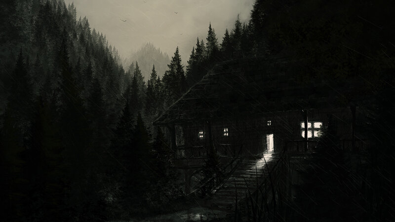 Cabin in Forest — Black, Dark, Night