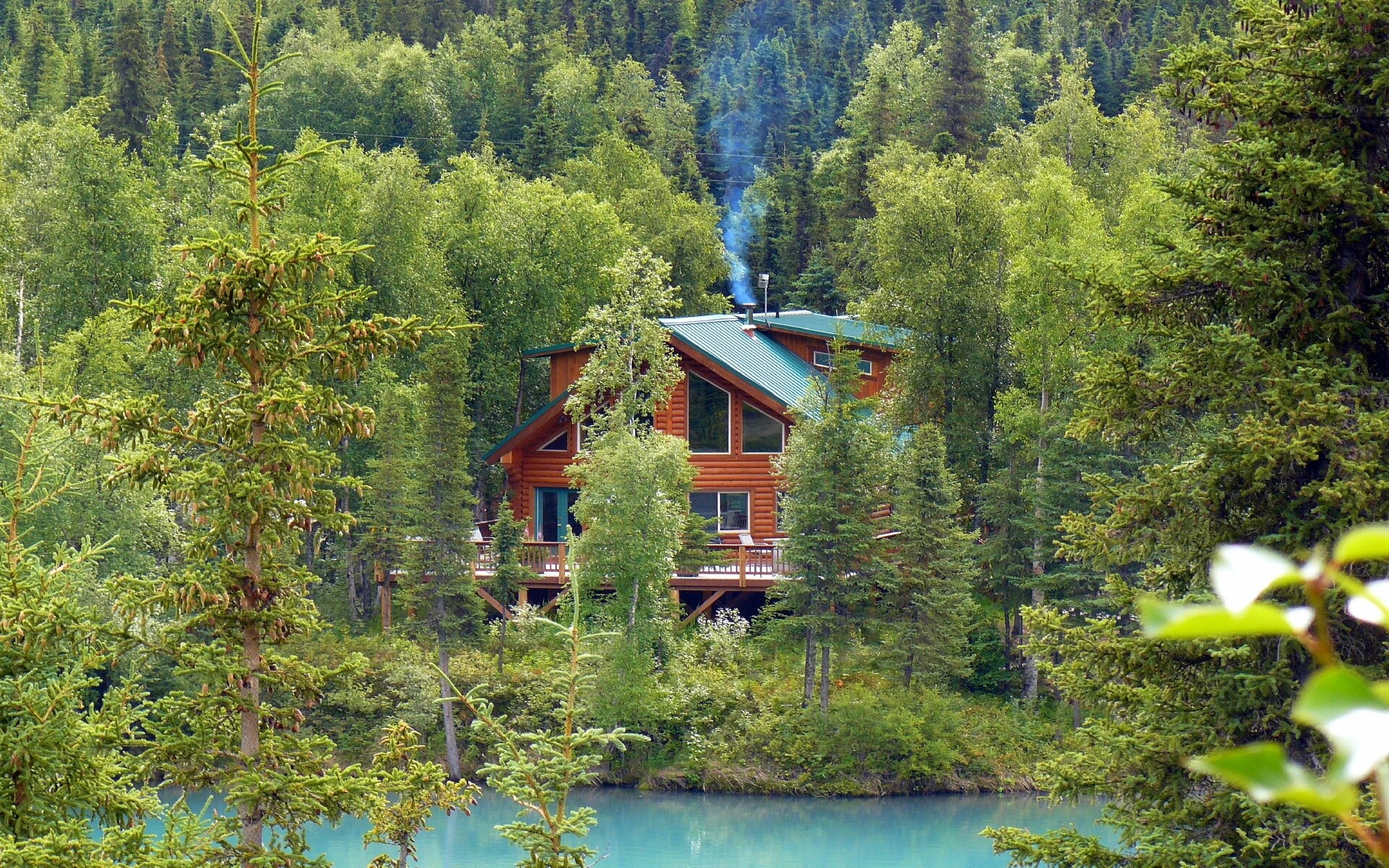 Cabin in forest by lake