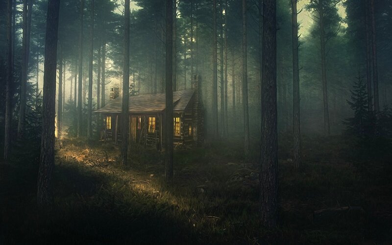 Cabin in Forest — Green, Mysterious, Night