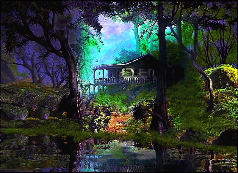 Cabin in Forest — Green, Mystical