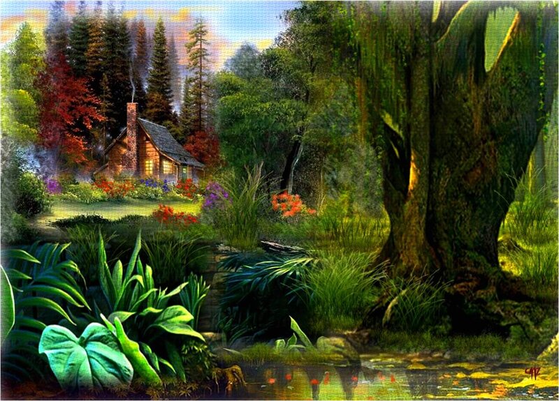 Cabin in Forest — Green, Serene, Afternoon, Digital Art