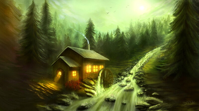 Cabin in Forest — Green, Serene, Morning