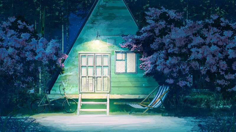 Cabin in Forest — Green, Serene, Night, Anime