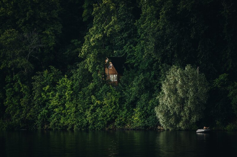 Cabin in Forest — Green, Serene, Night, Photograph, Lake