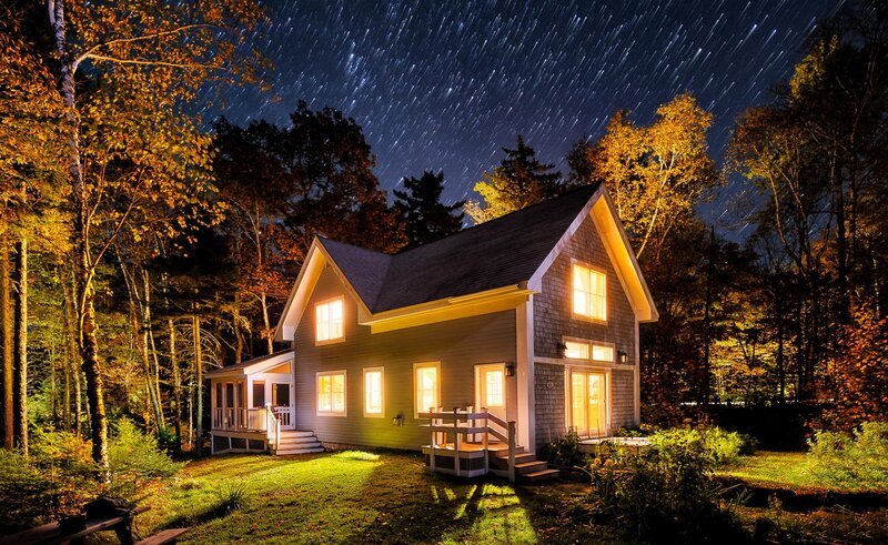Cabin in Forest — Green, Serene, Night, Photograph