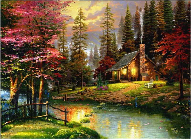 Cabin in Forest — Green, Serene, Sunset, Painting, River