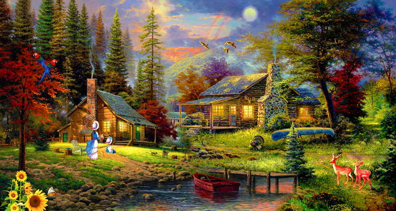 Cabin in Forest — Green, Serene, Sunset, Painting